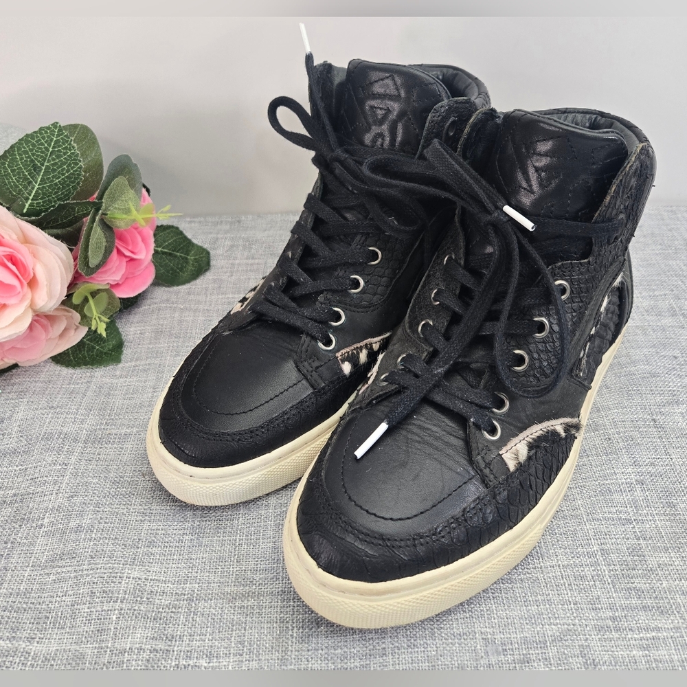 Floris Van Bommel Women's High Trainers Black Leather & Animal Print Sz 37EU 6US